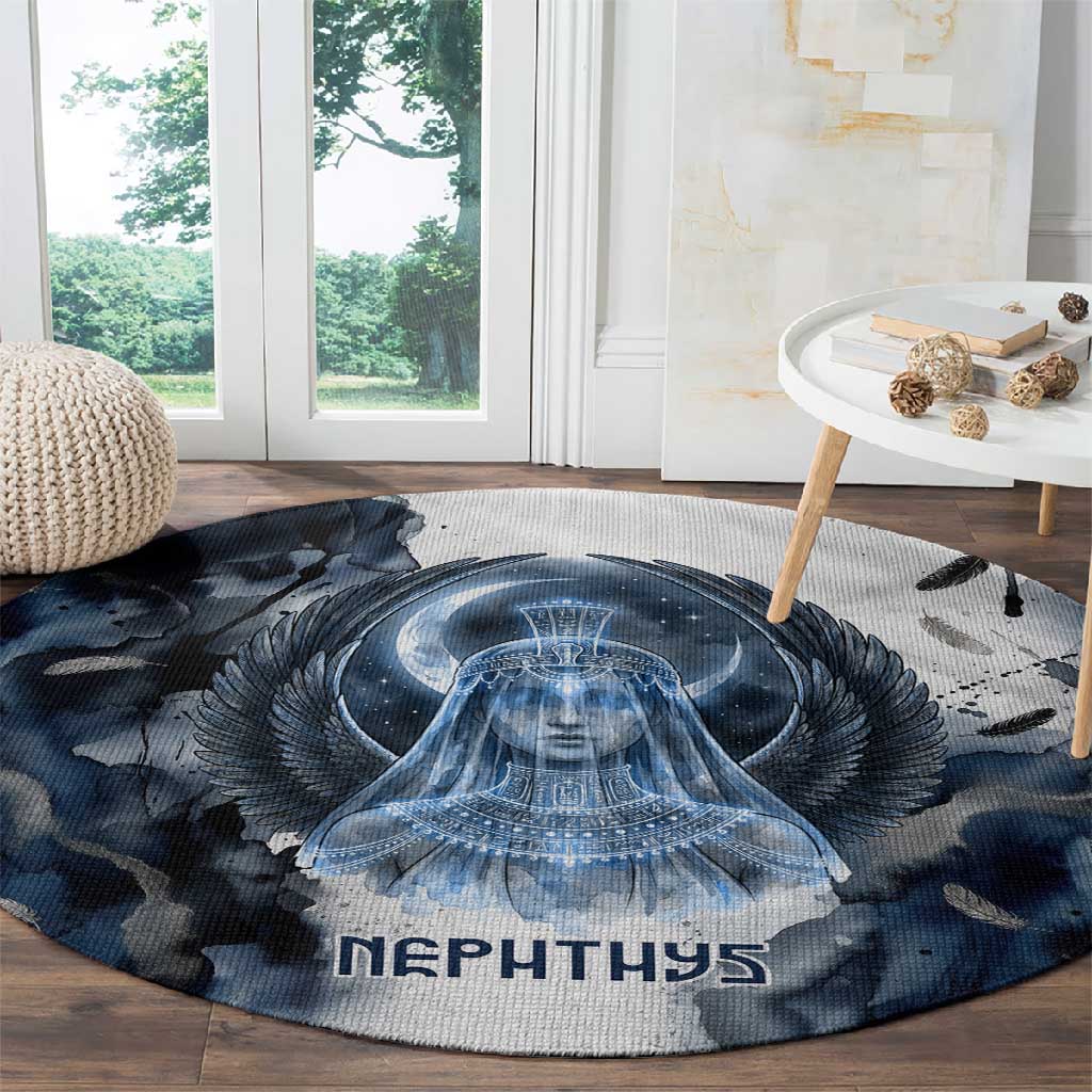 Nephthys Egyptian Round Carpet The Dark Sister Falcon Wings Moon Veil