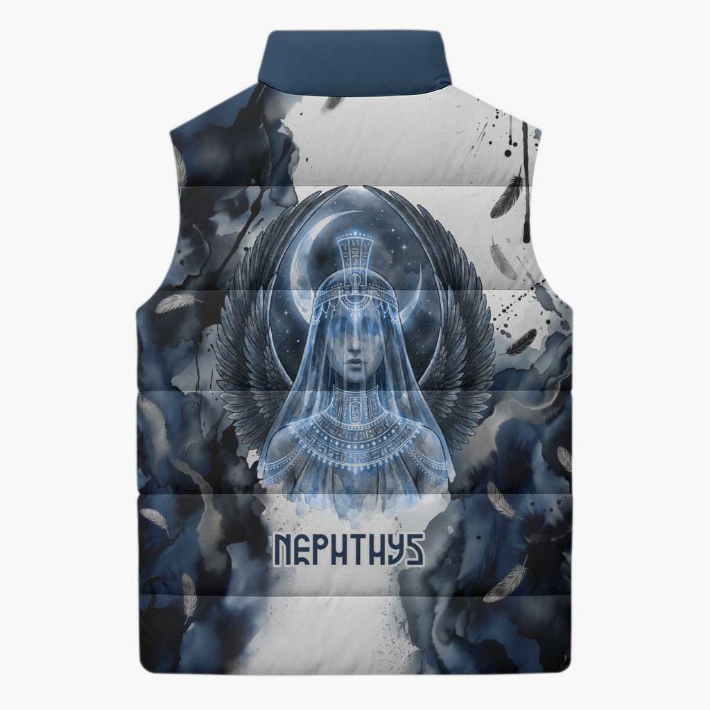 Nephthys Egyptian Sleeveless Puffer Jacket The Dark Sister Falcon Wings Moon Veil