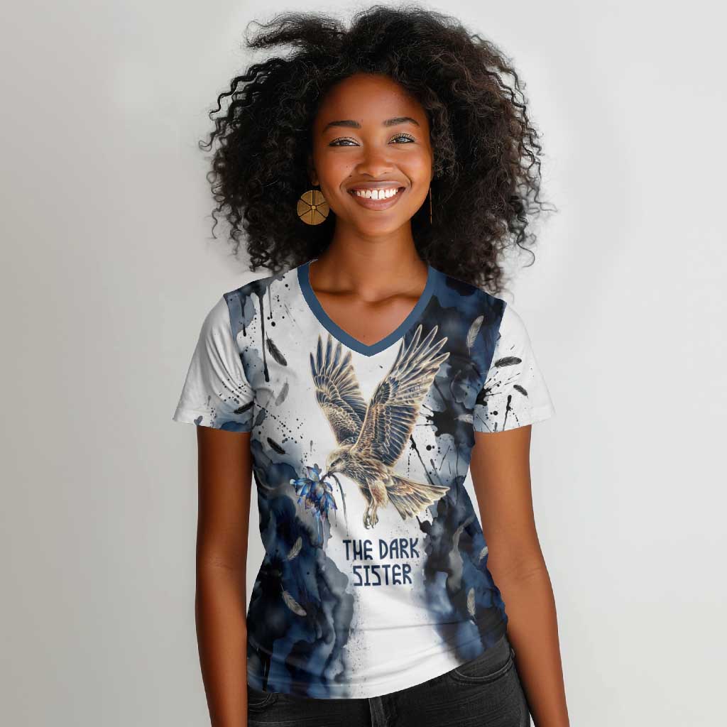 Nephthys Egyptian Women V-Neck T-Shirt The Dark Sister Falcon Wings Moon Veil