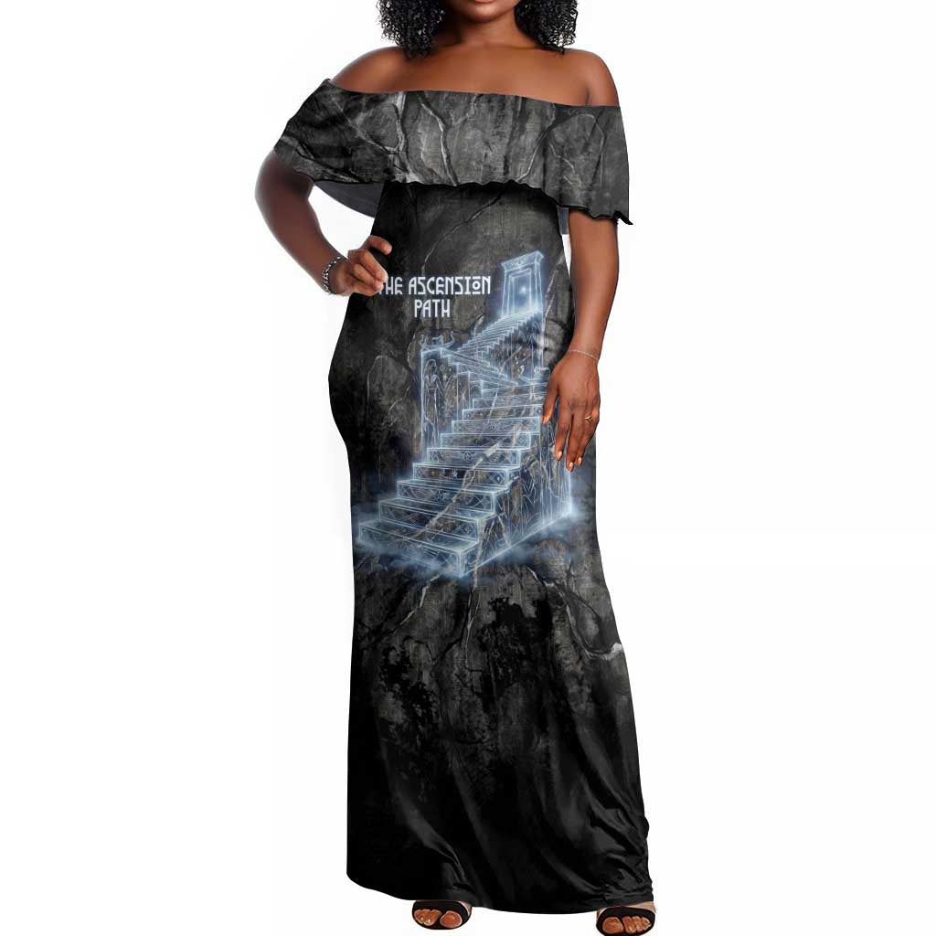 Nut Off Shoulder Maxi Dress Egyptian Keeper of Souls Celestial Stairway Ascension Path Cosmic Goddess of the Night Sky