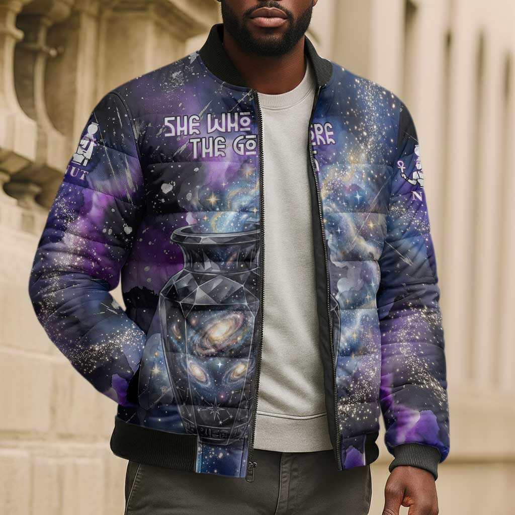 Nut Egyptian Bomber Puffer Jacket She Who Bore the Gods Galactic Vessel Cosmic Goddess Star Map