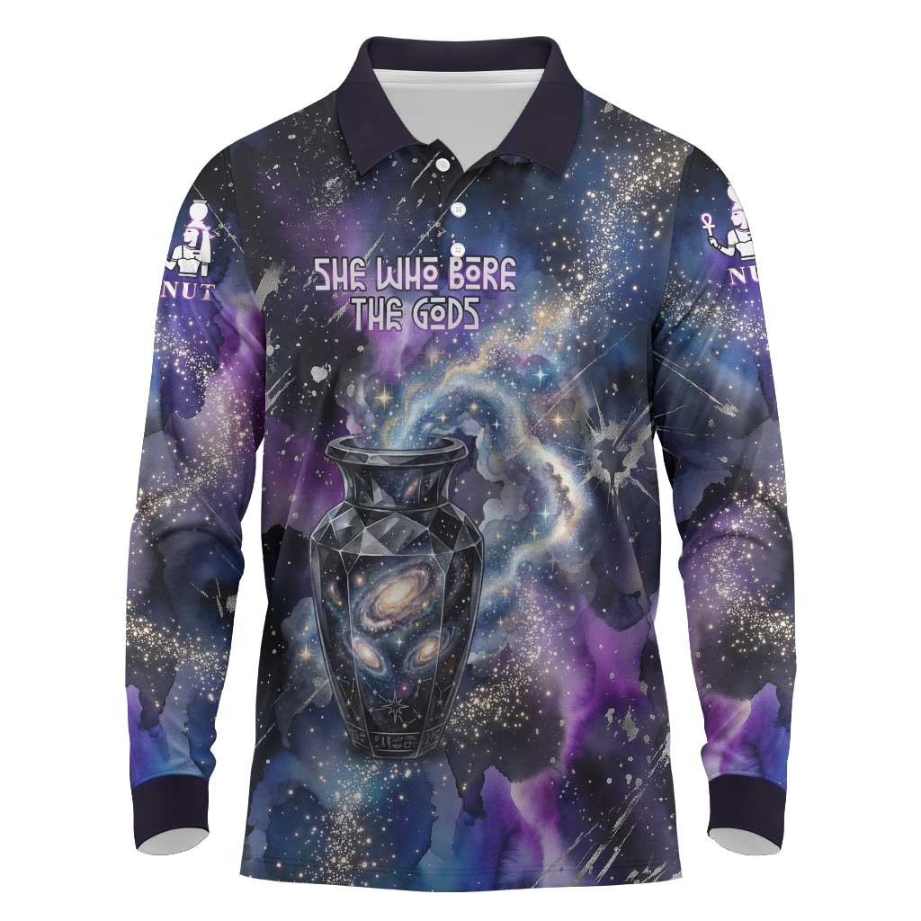 Nut Egyptian Long Sleeve Polo Shirt She Who Bore the Gods Galactic Vessel Cosmic Goddess Star Map