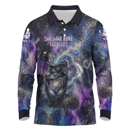 Nut Egyptian Long Sleeve Polo Shirt She Who Bore the Gods Galactic Vessel Cosmic Goddess Star Map