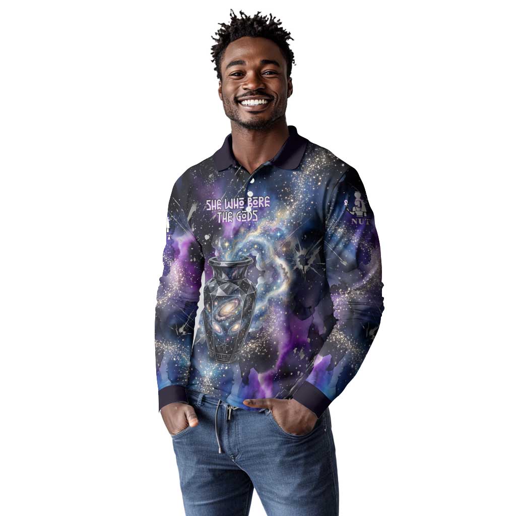 Nut Egyptian Long Sleeve Polo Shirt She Who Bore the Gods Galactic Vessel Cosmic Goddess Star Map