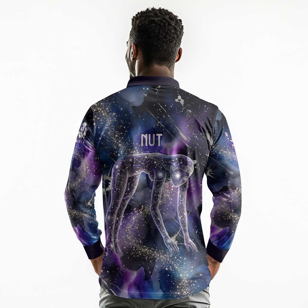 Nut Egyptian Long Sleeve Polo Shirt She Who Bore the Gods Galactic Vessel Cosmic Goddess Star Map