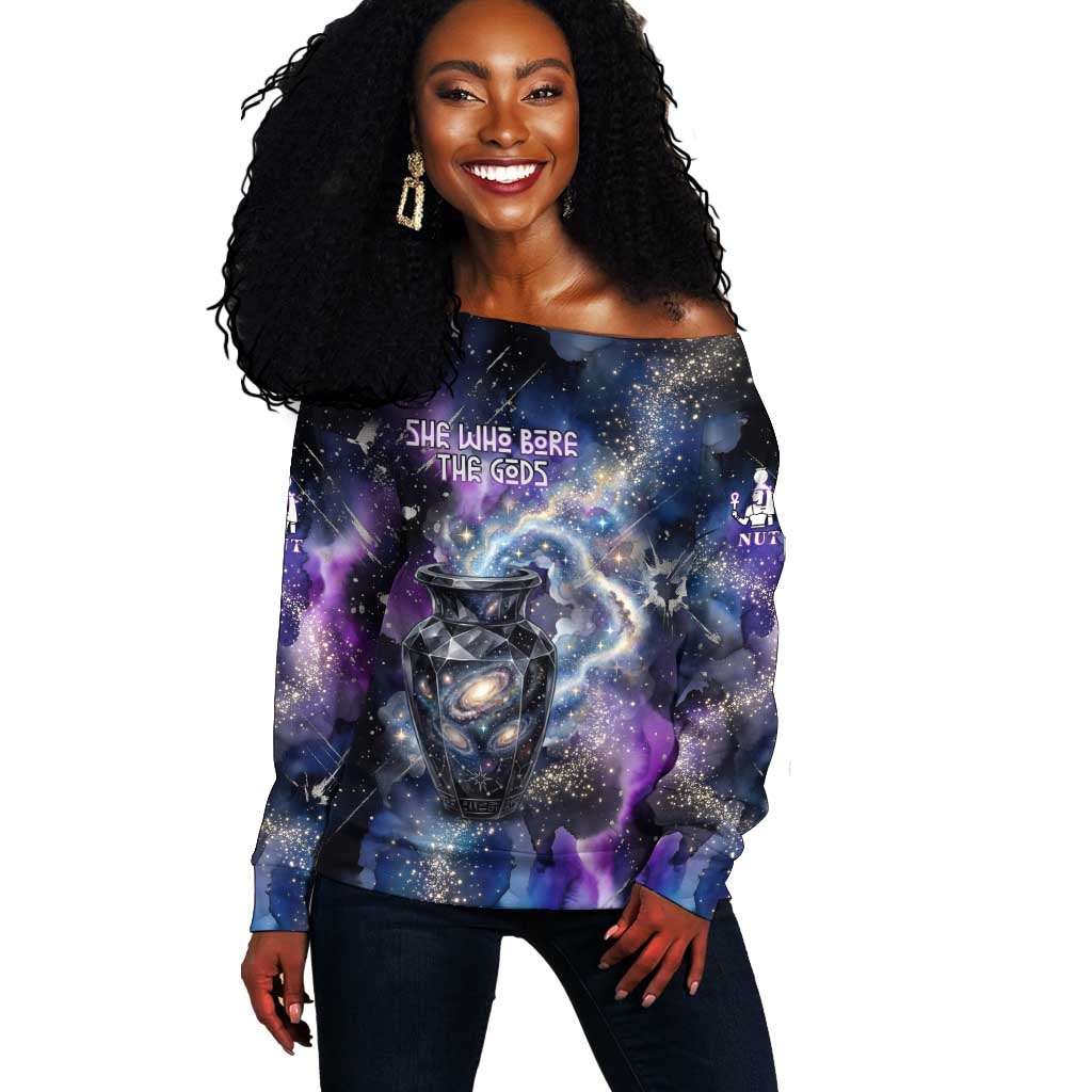 Nut Egyptian Off Shoulder Sweater She Who Bore the Gods Galactic Vessel Cosmic Goddess Star Map
