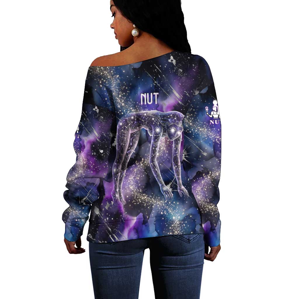 Nut Egyptian Off Shoulder Sweater She Who Bore the Gods Galactic Vessel Cosmic Goddess Star Map