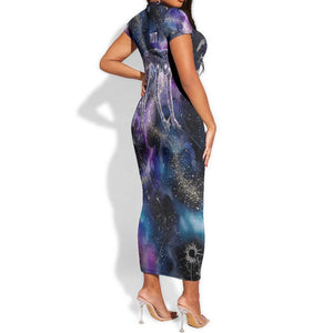 Nut Egyptian Short Sleeve Bodycon Dress She Who Bore the Gods Galactic Vessel Cosmic Goddess Star Map