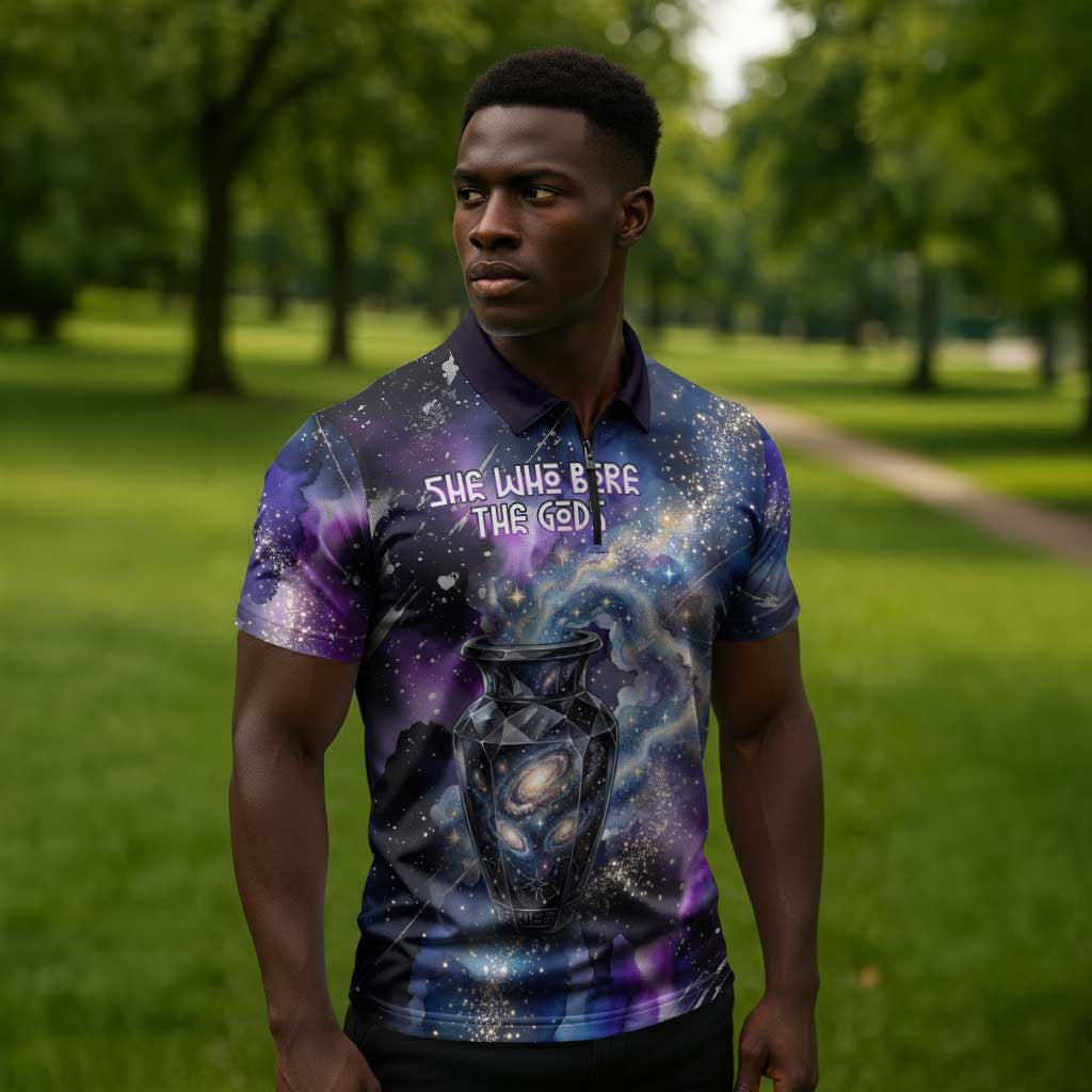 Nut Egyptian Zipper Polo Shirt She Who Bore the Gods Galactic Vessel Cosmic Goddess Star Map
