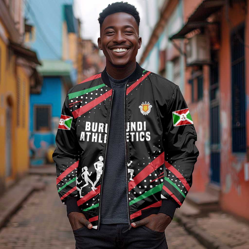 Burundi Bomber Jacket with Athletics Runners Black Red Green Flag Spirit