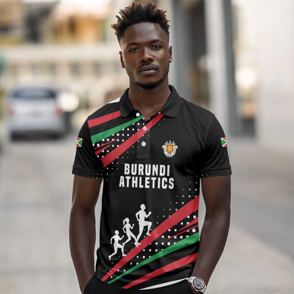 Burundi Polo Shirt with Athletics Runners Black Red Green Flag Spirit