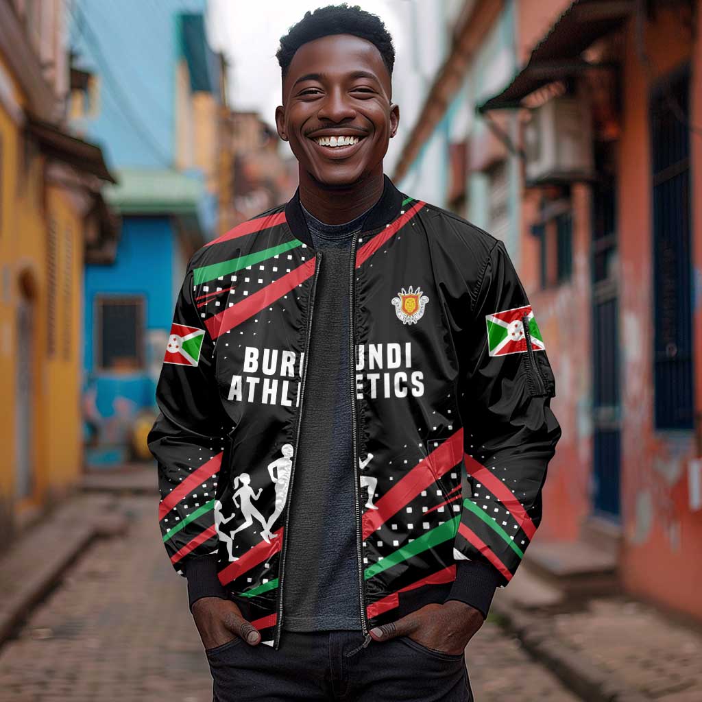 Burundi Sleeve Zip Bomber Jacket with Athletics Runners Black Red Green Flag Spirit