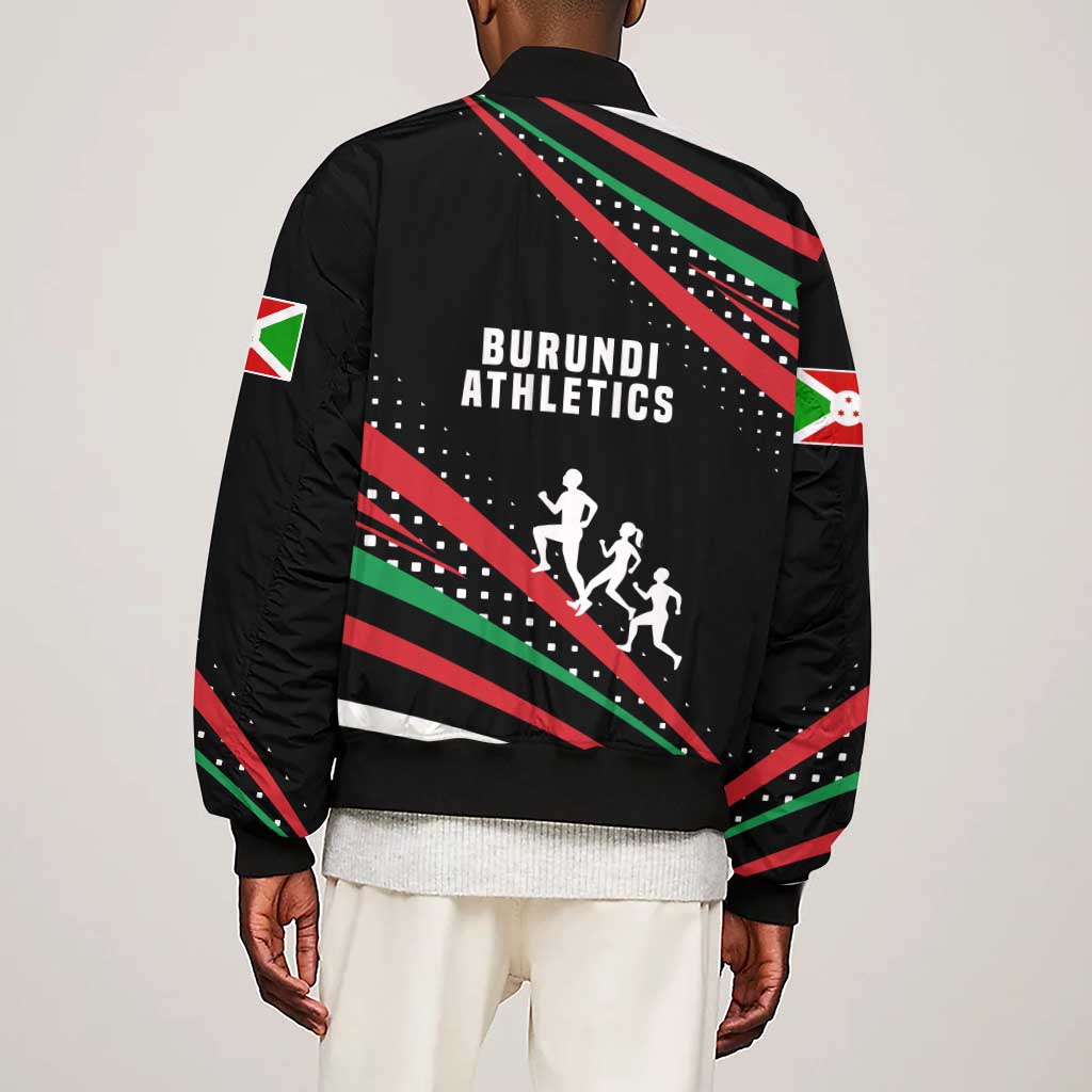 Burundi Sleeve Zip Bomber Jacket with Athletics Runners Black Red Green Flag Spirit