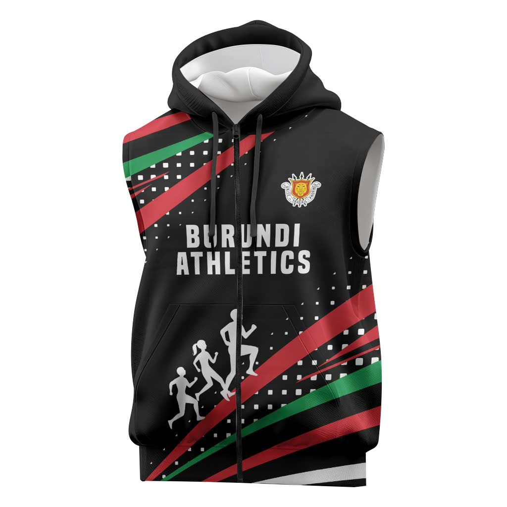 Burundi Sleeveless Zip Hoodie with Athletics Runners Black Red Green Flag Spirit - African Pride