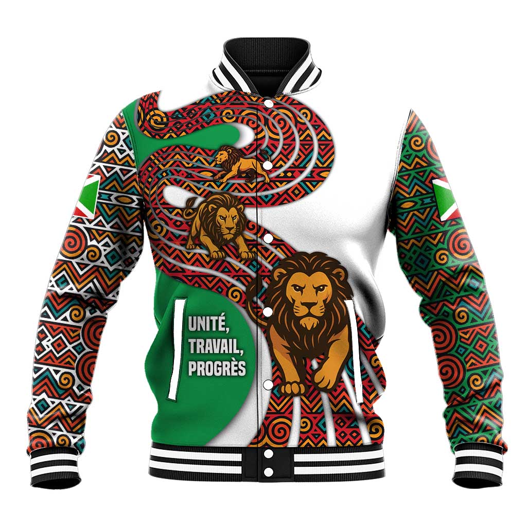 Burundi Lion Tribal Pattern Baseball Jacket - National Motto Unité Travail Progrès
