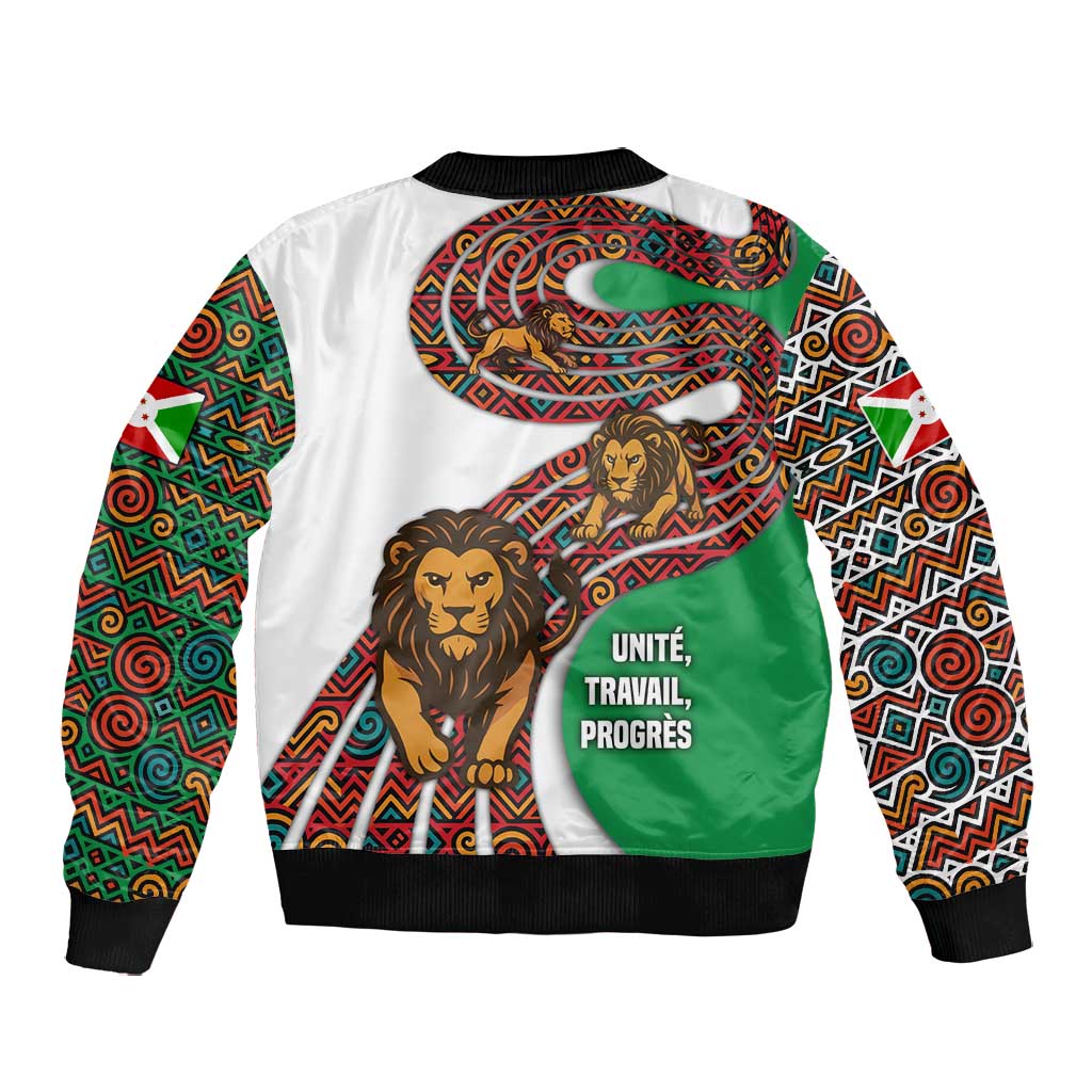 Burundi Lion Tribal Pattern Bomber Jacket - National Motto Unité Travail Progrès