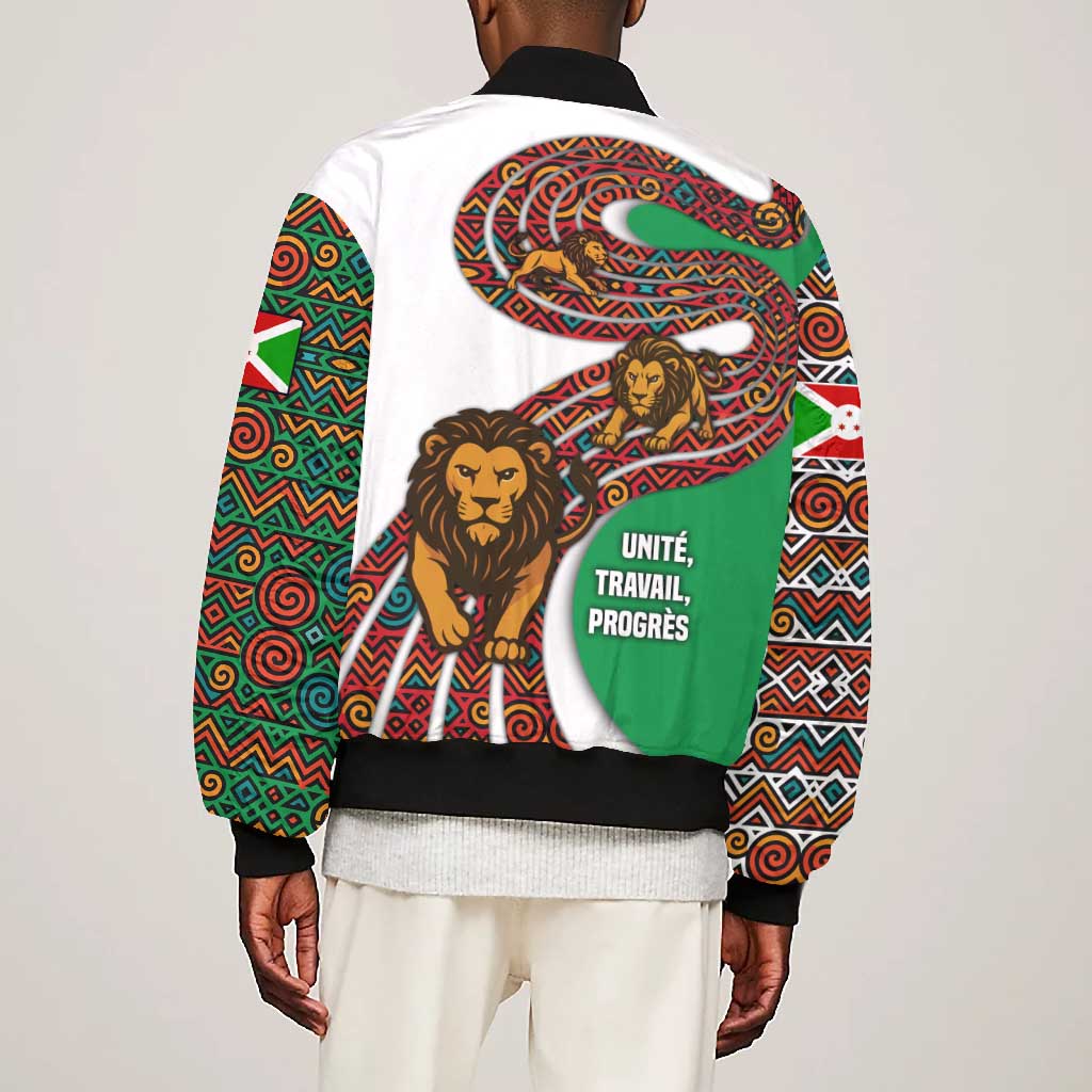 Burundi Lion Tribal Pattern Bomber Jacket - National Motto Unité Travail Progrès