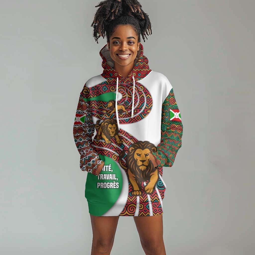 Burundi Lion Tribal Pattern Hoodie Dress - National Motto Unité Travail Progrès
