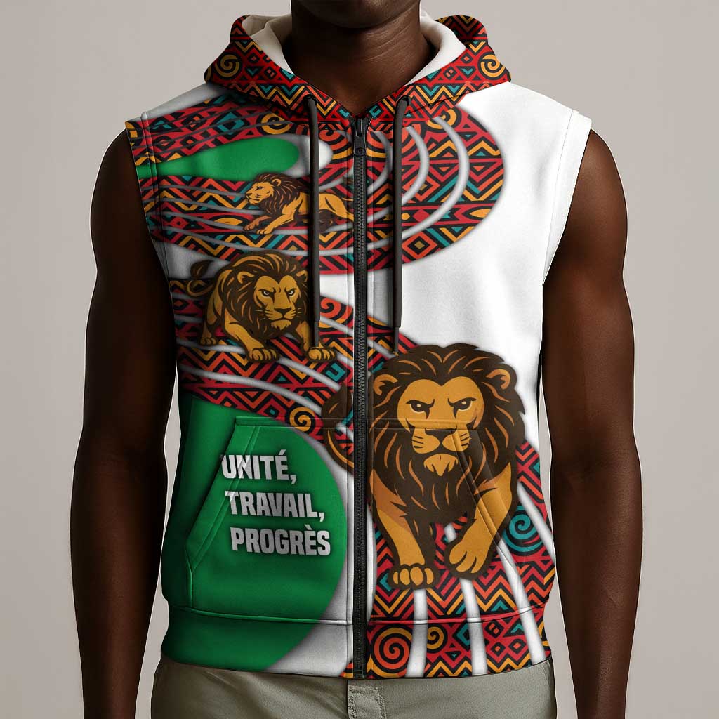 Burundi Lion Tribal Pattern Sleeveless Zip Hoodie - National Motto Unité Travail Progrès - African Pride