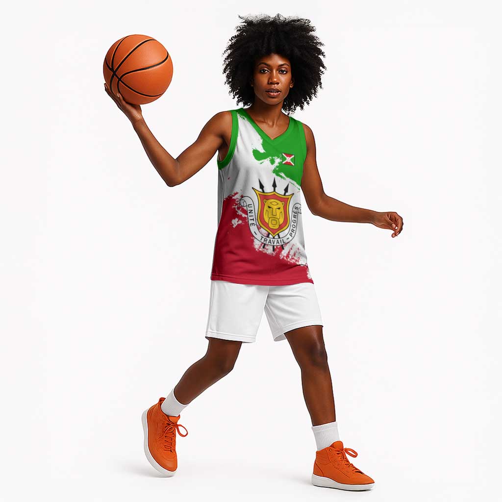 Burundi Flag Basketball Jersey with National Emblem and Motto Unité Travail Progres TS04