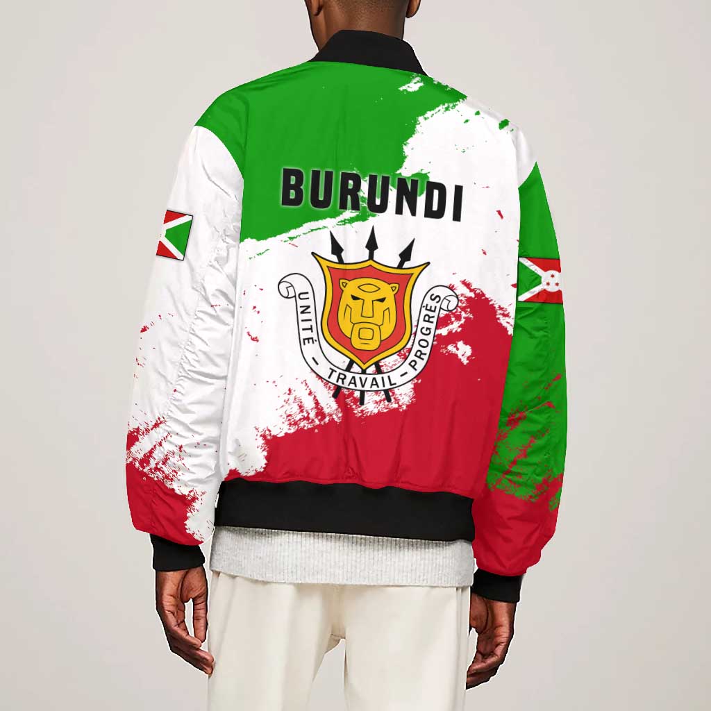 Burundi Flag Bomber Jacket with National Emblem and Motto Unité Travail Progres