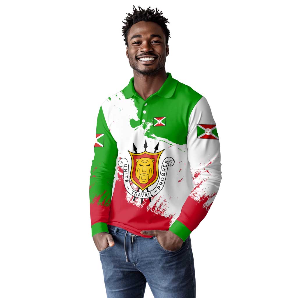 Burundi Flag Long Sleeve Polo Shirt with National Emblem and Motto Unité Travail Progres