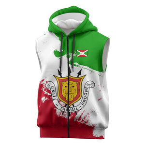 Burundi Flag Sleeveless Zip Hoodie with National Emblem and Motto Unité Travail Progres - African Pride