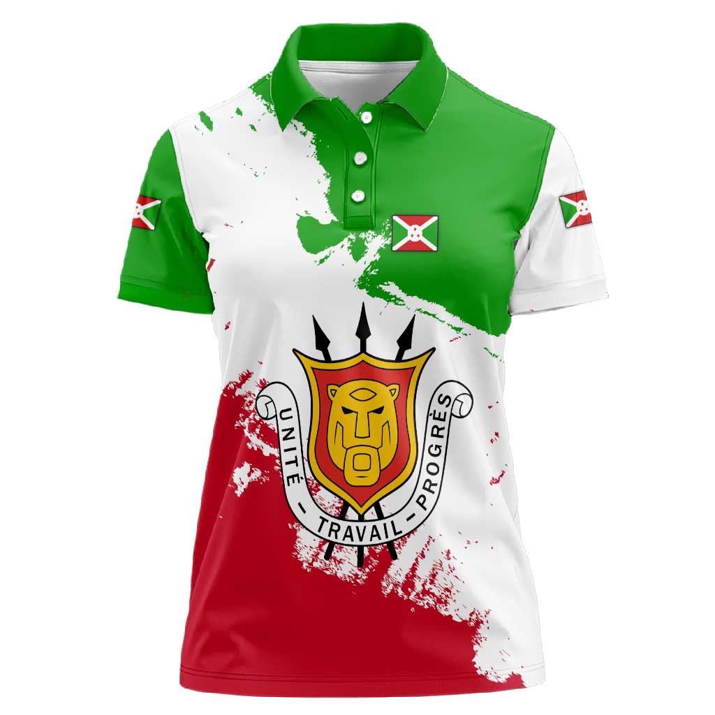 Burundi Flag Women Polo Shirt with National Emblem and Motto Unité Travail Progres