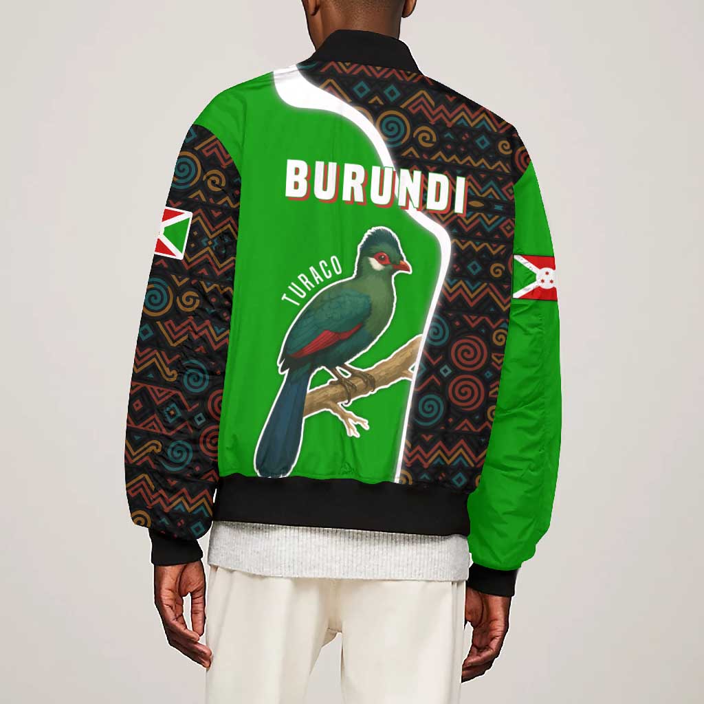 Burundi Turaco Bomber Jacket with National Bird and Flag Pattern