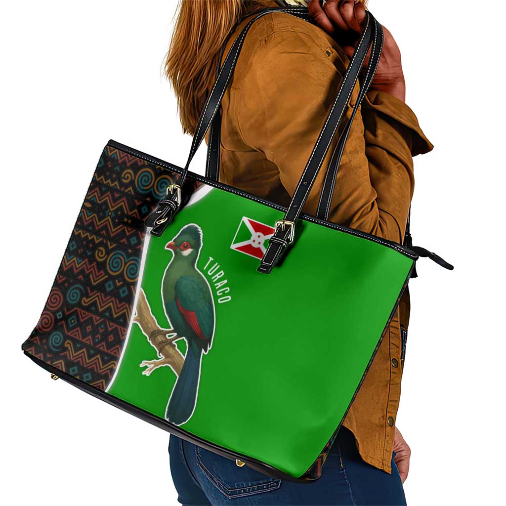 Burundi Turaco Leather Tote Bag with National Bird and Flag Pattern