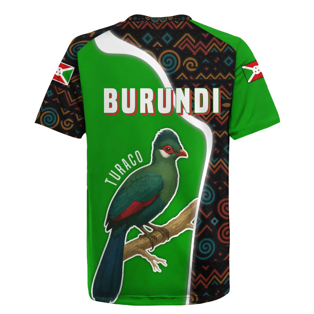 Burundi Turaco Rugby Jersey with National Bird and Flag Pattern