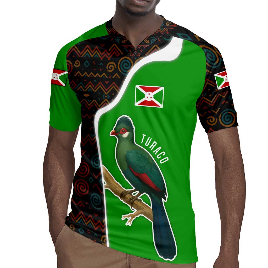 Burundi Turaco Rugby Jersey with National Bird and Flag Pattern