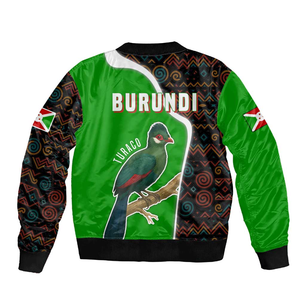 Burundi Turaco Sleeve Zip Bomber Jacket with National Bird and Flag Pattern