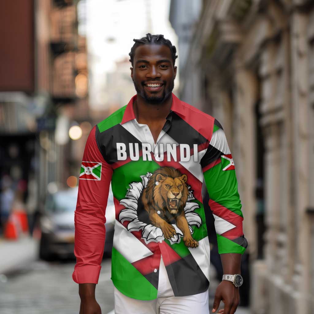 Burundi Roaring Lion Long Sleeve Button Shirt with National Flag Colors