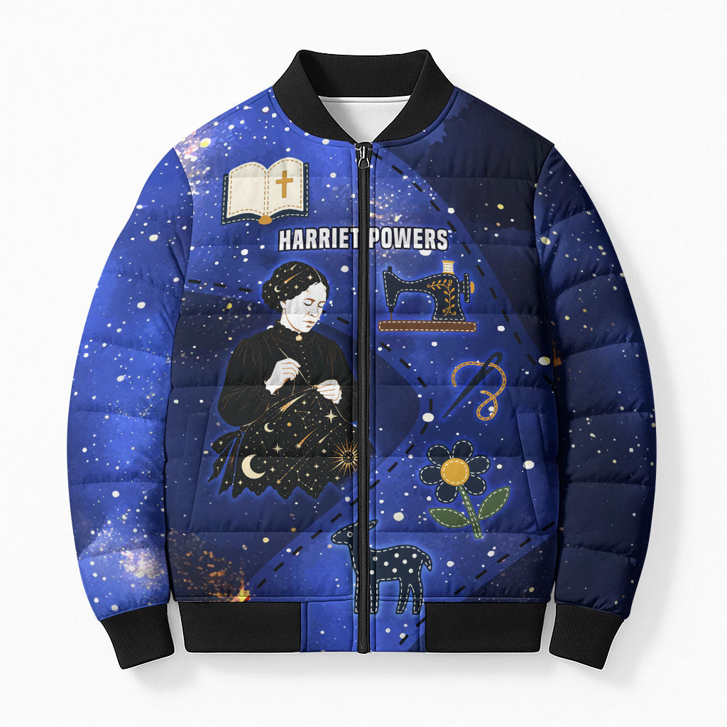 Harriet Powers Bomber Puffer Jacket African American History - Galaxy Celestial Starry Night - Folk Art Quilter