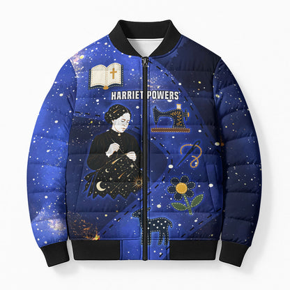Harriet Powers Bomber Puffer Jacket African American History - Galaxy Celestial Starry Night - Folk Art Quilter