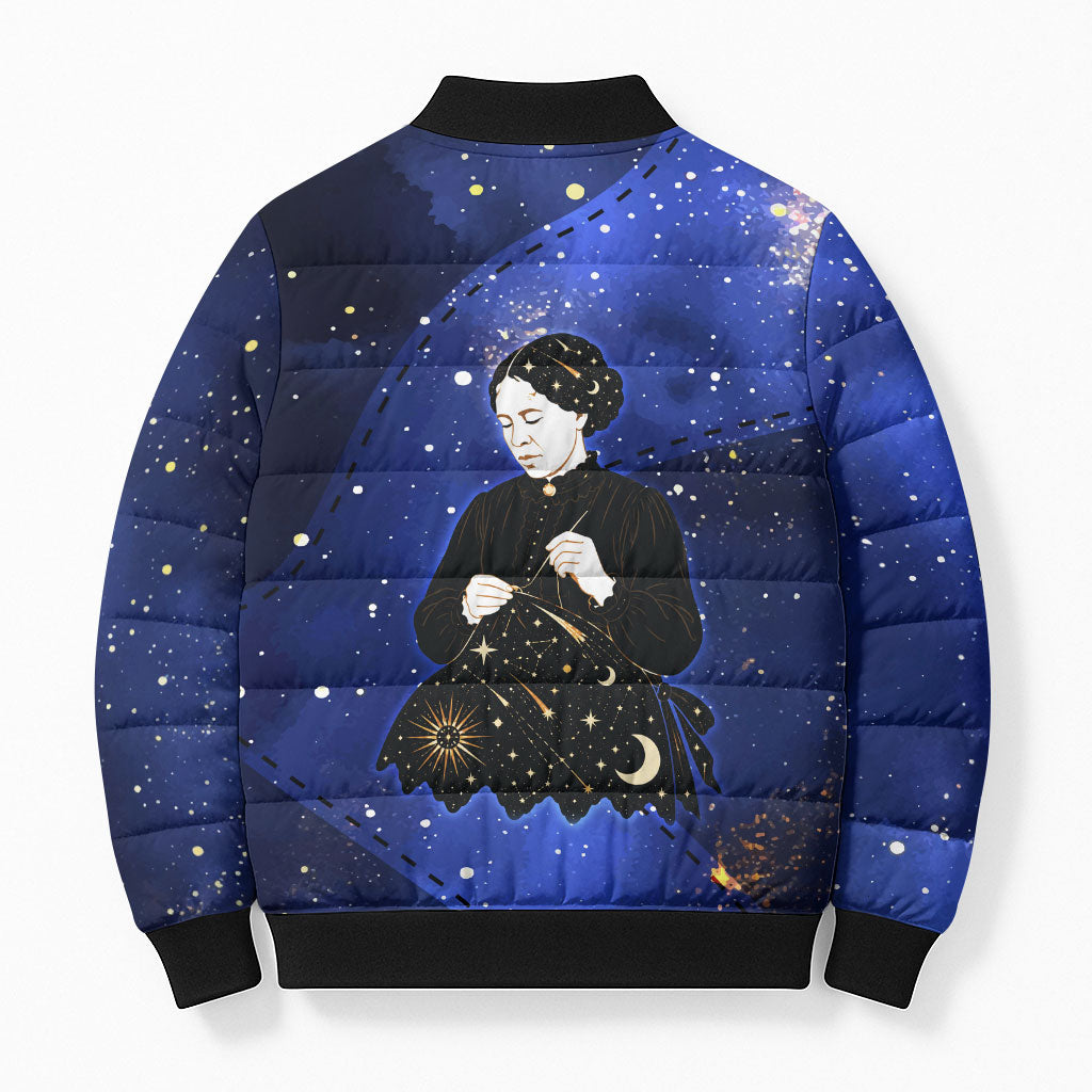 Harriet Powers Bomber Puffer Jacket African American History - Galaxy Celestial Starry Night - Folk Art Quilter