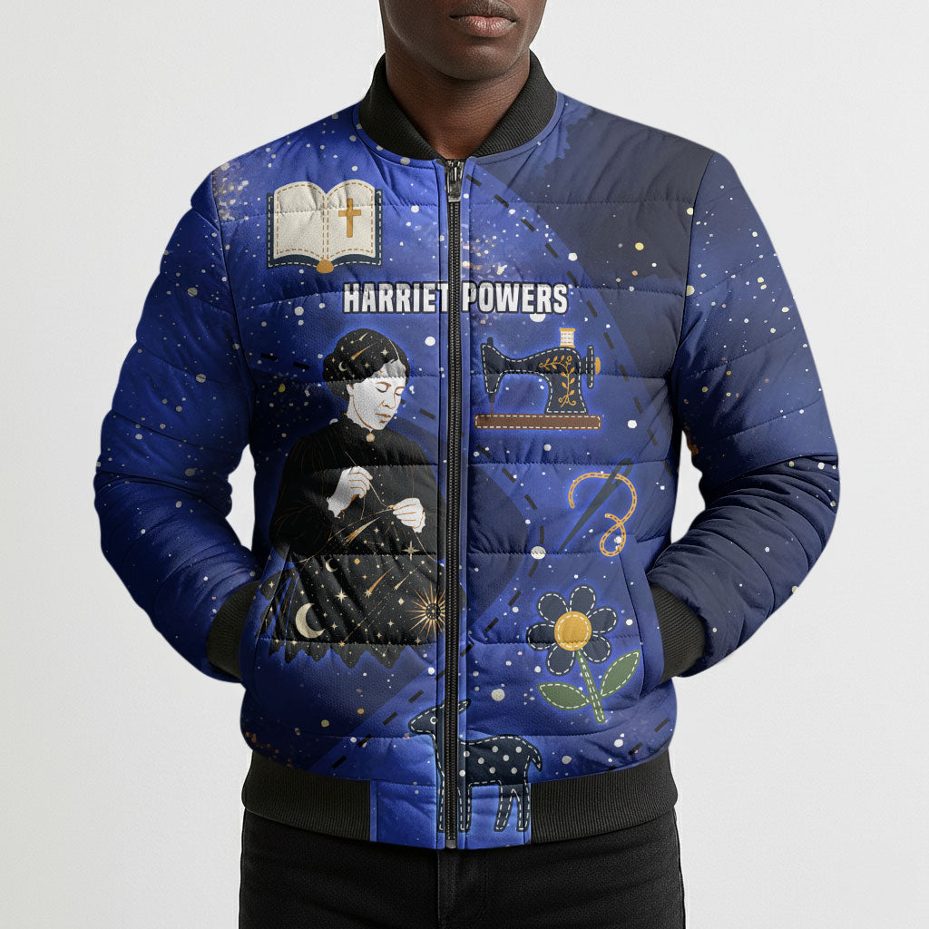 Harriet Powers Bomber Puffer Jacket African American History - Galaxy Celestial Starry Night - Folk Art Quilter