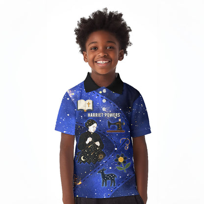 Harriet Powers Kid Polo Shirt African American History - Galaxy Celestial Starry Night - Folk Art Quilter
