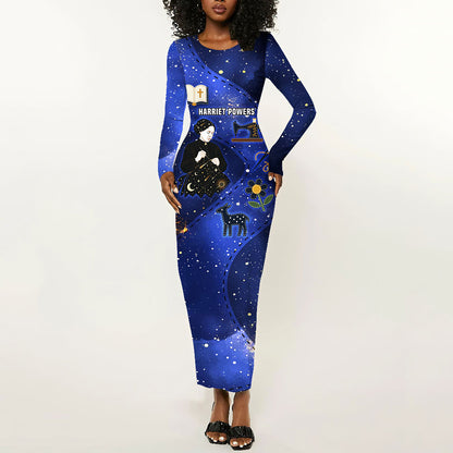 Harriet Powers Long Sleeve Bodycon Dress African American History - Galaxy Celestial Starry Night - Folk Art Quilter