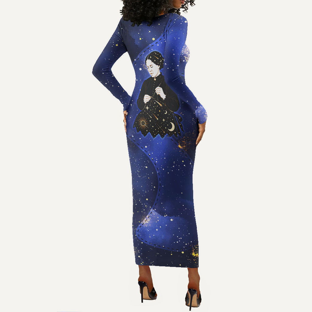 Harriet Powers Long Sleeve Bodycon Dress African American History - Galaxy Celestial Starry Night - Folk Art Quilter