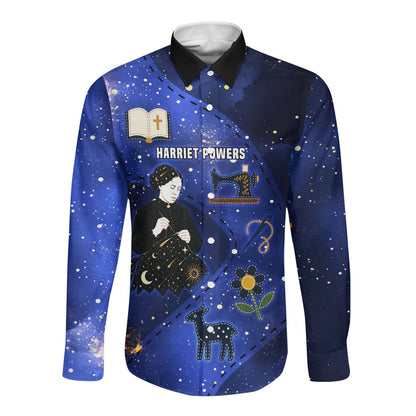 Harriet Powers Long Sleeve Button Shirt African American History - Galaxy Celestial Starry Night - Folk Art Quilter