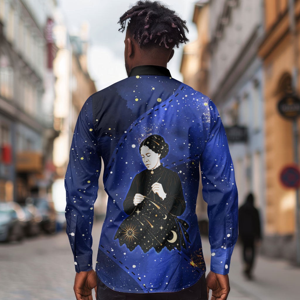 Harriet Powers Long Sleeve Button Shirt African American History - Galaxy Celestial Starry Night - Folk Art Quilter