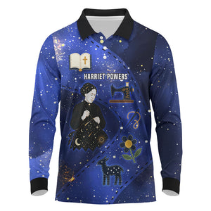 Harriet Powers Long Sleeve Polo Shirt African American History - Galaxy Celestial Starry Night - Folk Art Quilter
