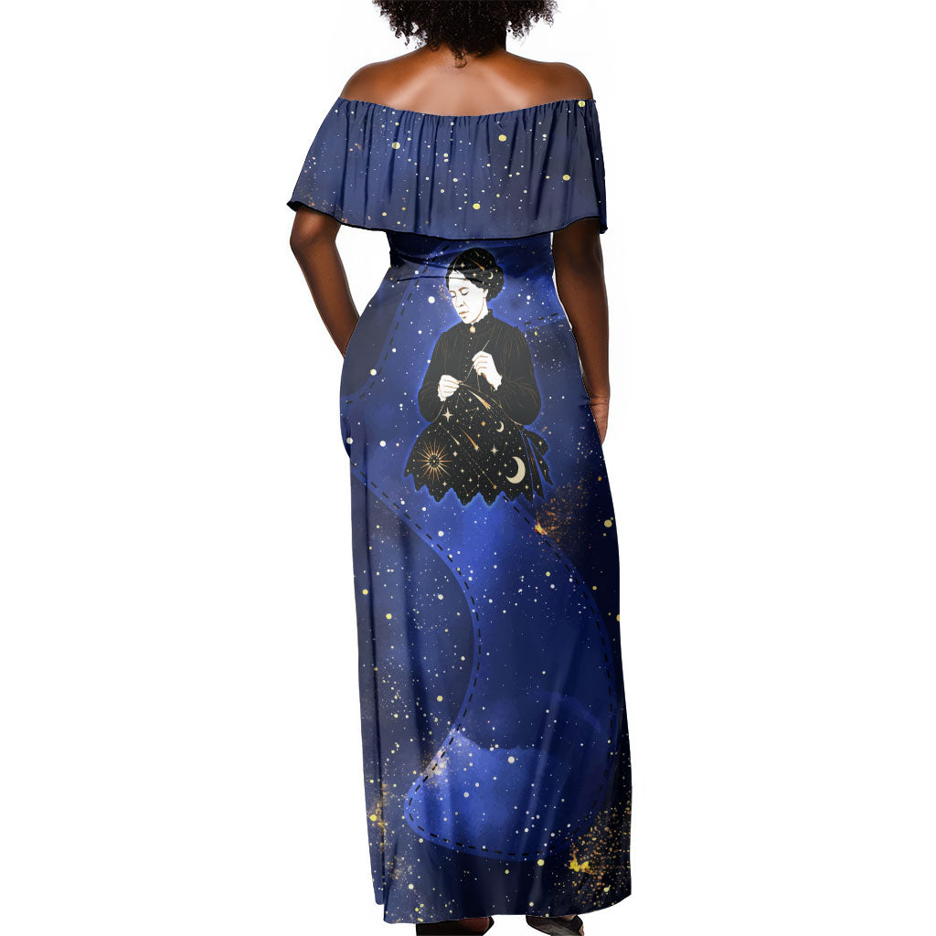 Harriet Powers Off Shoulder Maxi Dress African American History - Galaxy Celestial Starry Night - Folk Art Quilter