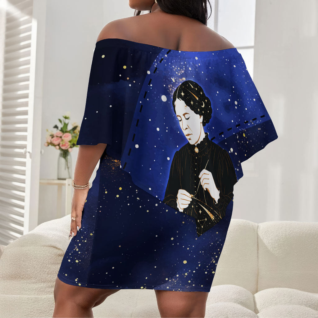 Harriet Powers Off Shoulder Short Dress African American History - Galaxy Celestial Starry Night - Folk Art Quilter