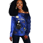 Harriet Powers Off Shoulder Sweater African American History - Galaxy Celestial Starry Night - Folk Art Quilter