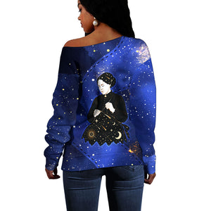 Harriet Powers Off Shoulder Sweater African American History - Galaxy Celestial Starry Night - Folk Art Quilter