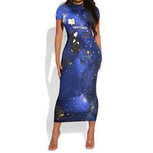 Harriet Powers Short Sleeve Bodycon Dress African American History - Galaxy Celestial Starry Night - Folk Art Quilter