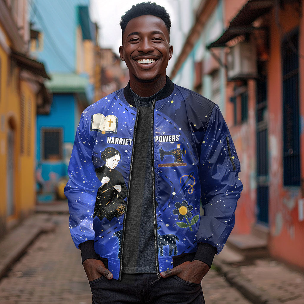 Harriet Powers Sleeve Zip Bomber Jacket African American History - Galaxy Celestial Starry Night - Folk Art Quilter